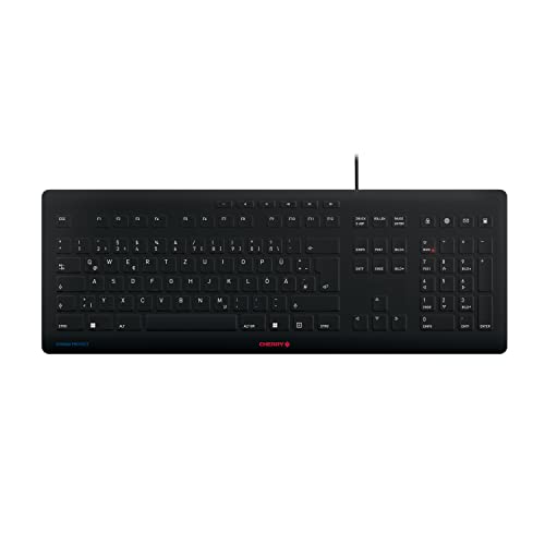 CHERRY STREAM PROTECT KEYBOARD, kabelgebundene Tastatur mit abnehmbarem Silikon-Tastaturschutz, Deutsches Layout (QWERTZ), flaches Design, desinfizierbar, Schwarz von CHERRY