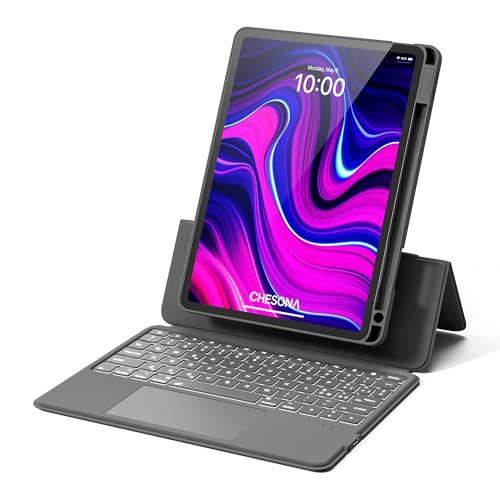 CHESONA Tastatur iPad Air 5 Generation, Backstand Rugged Tastatur für iPad Pro 11 mit Touchpad, verstellbarer Ständer 15°-180°, 7 Farben Hintergrundbeleuchtung, magnetisch abnehmbar, Grau von CHESONA