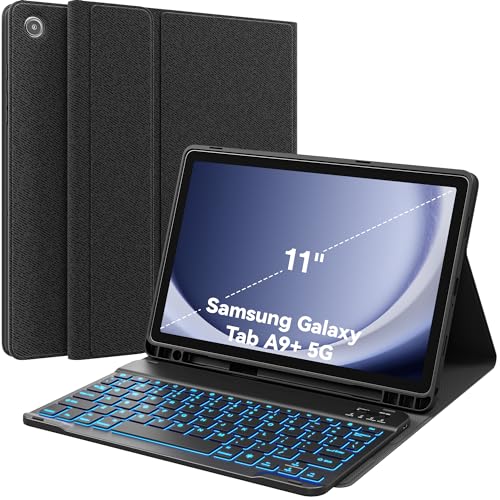 CHESONA Tastaturhülle für Samsung Galaxy Tab A9 Plus/A9+ 5G 11 Zoll (SM-X210/X216/X218), 7-farbige Hintergrundbeleuchtung und abnehmbare Bluetooth-Tastatur, Klappständer und Stifthalter, schlanke von CHESONA