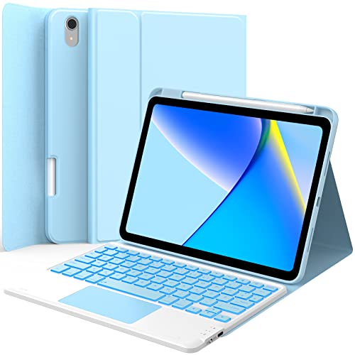 CHESONA iPad 10 Generation Hülle mit Tastatur, Schmutzabweisendes Hülle, Smart Touchpad, 7 Farben Beleuchtung, 2 BT Kanäles, Wiederaufladbar QWERTZ Tastatur für iPad 10. Generation 10.9" 2022, Blau von CHESONA