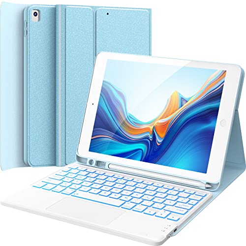 CHESONA iPad 9 Generation Hülle mit Tastatur, iPad 10.2 Taststur 9/8/7. Generation mit Touchpad, 7-Farbige Beleuchtung, 2 BT Kanäles, Wiederaufladbar Abnehmbare QWERTZ Tastatur für iPad 10.2, Blau von CHESONA
