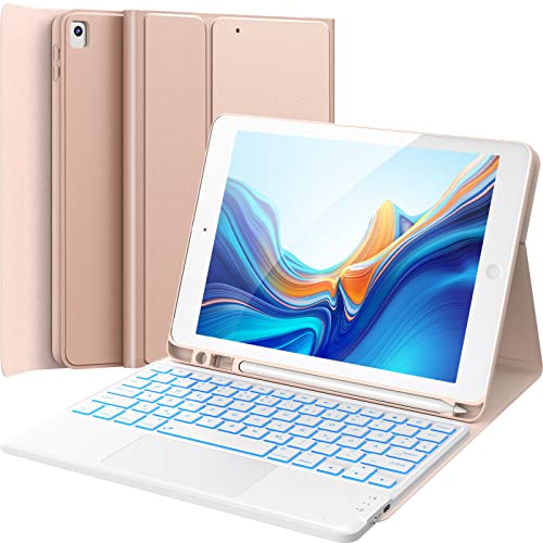 CHESONA iPad 9/8/7 Generation Hülle Mit Tastatur, 10.2 Zoll, Touchpad, 7-Farbige Beleuchtung, 2 BT Kanäle, Wiederaufladbar Abnehmbare QWERTZ Tastatur, Rosé von CHESONA