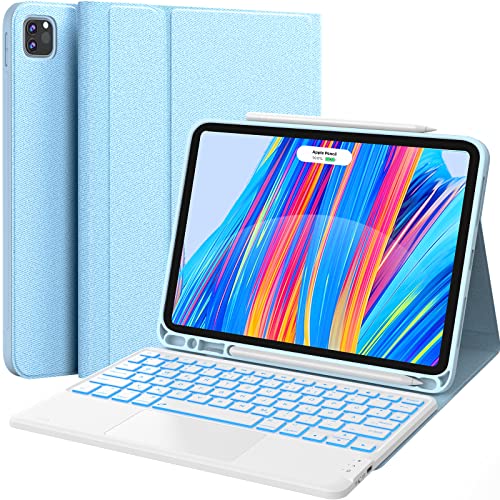CHESONA iPad Pro 11 Hülle mit Tastatur, iPad Air 2022 Hülle mit Tastatur, 7-Farbige Beleuchtung, 2 Bluetooth Kanäles, Kabellose QWERTZ-Tastatur für iPad Pro 11, iPad Air 5/4 10.9 2022/2020, Blau von CHESONA