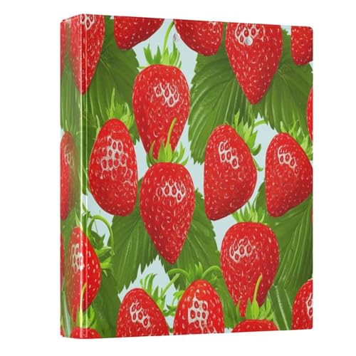 Dekoratives Ringbuch mit drei Ringen, 3,8 cm (1,5 Zoll) mit 3 Innentaschen, einfaches Ordner, Notizbuch für Schule, Büro, Zuhause, Rot, Erdbeeren, Weiß, 1 Stück von CHIFIGNO