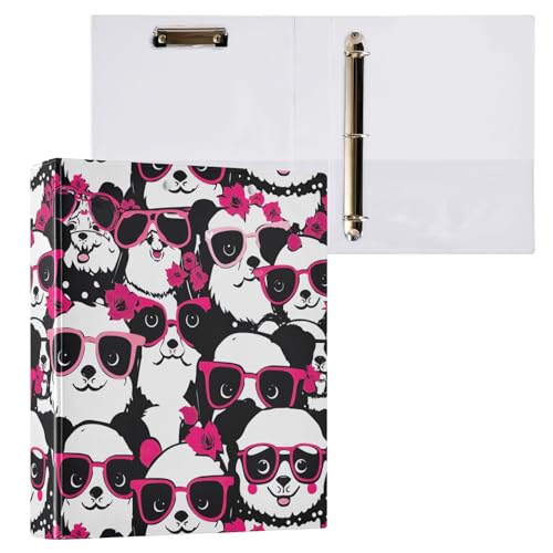 Niedliche Pandas mit rosa Brillen, 3-Ringbuch, 3,8 cm, runder Ringordner mit rutschfestem Metallclip, langlebige Basisordner für Schule, Büro, Zuhause, 1 Packung von CHIFIGNO