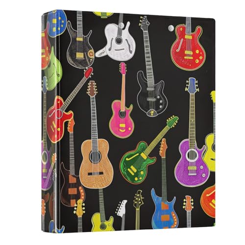 Niedliche bunte Gitarren, schwarz, 3,8 cm, 3-Ringordner, langlebige Basisordner mit 3 Innentaschen, niedlicher Ordner mit drei Ringen, für Schule, Büro, Zuhause, 1 Stück Niedliche bunte Gitarren, schwarz, 3,8 cm, 3-Ringordner, langlebige Basisordner mit 3 Innentaschen, niedlicher Ordner mit drei Ringen, für Schule, Büro, Zuhause, 1 Stück von CHIFIGNO