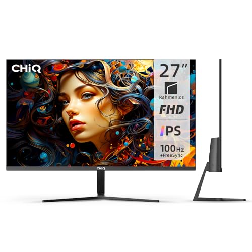CHIQ Monitor 27 Zoll, Monitor PC FHD (1920 x 1080), IPS FreeSync, 100 Hz, Ultradünn, Integrierter Lautsprecher, HDMI, DP, VGA, Typ-C, VESA-Montage, 2025 von CHIQ