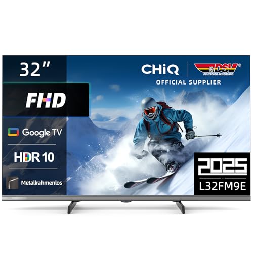 CHIQ L32FM9E 32 Zoll (80 cm) Fernseher FHD Smart TV, HDR10 & HLG, Google TV, Dolby Audio, DBX-tv, Google Assistant, Triple Tuner DVB-C/T/T2/S/S2, Chromecast integriert, Metallrahmenlos, Schwarz von CHIQ
