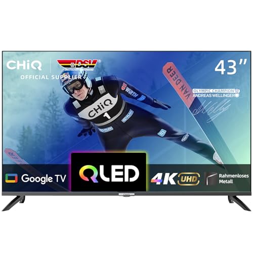 CHIQ U43QM8G 43-Zoll Smart-TV-Gerät, QLED UHD mit HDR, rahmenloses Metall-Design, Google TV, Dolby Audio, Dreifach-Tuner, 2,4G/5G WLAN, Google Assistant, HDMI 2.1, USB2.0, Modell 2023 Schwarz von CHIQ