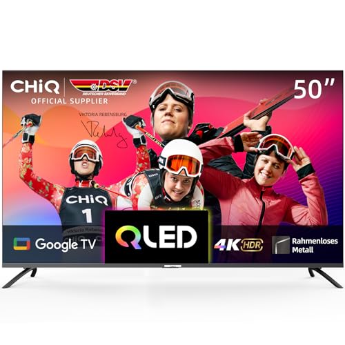CHIQ U50QM8G 50 Zoll Smart TV, QLED UHD mit HDR, rahmenloses Metall-Design, Google TV, Dolby Audio, Dreifach-Tuner, 2,4G/5G WLAN, Google Assistant, HDMI 2.1, USB2.0, Modell 2023 Schwarz von CHIQ