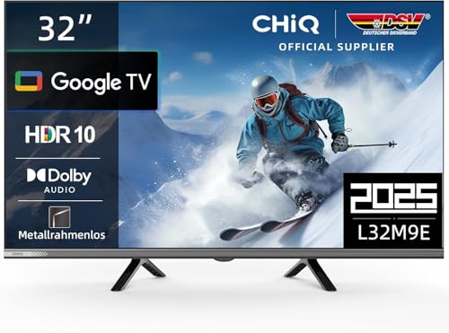 CHIQ L32M9E 32 Zoll (80 cm) Smart TV, HDR10, Google TV, Google Assistant, Triple Tuner DVB-C/T/T2/S/S2, Dolby Audio, DBX-tv, Chromecast integriert, HDMI, USB, Metallfreies Design,Schwarz von CHIQ