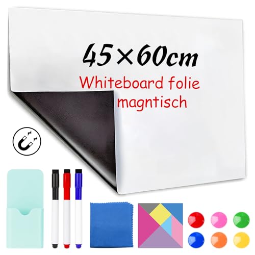 CHMMY Whiteboard Magnetisch Folie, 45 * 60cm Magnettafel Selbstklebend, Magnetfolie Weiß Abwischbare, Whiteboardfolie Magnetisch für glatten Oberflächen in Schule Büro Haus Kühlschrank von CHMMY