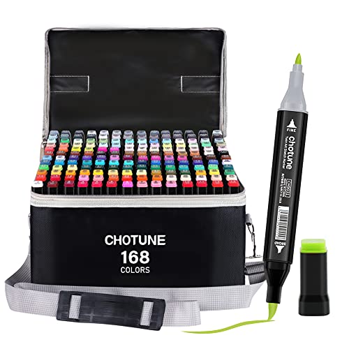 CHOTUNE 168 Farben Marker Set, 2023 Neueste Permanenter Marker, Einzigartiges Doppelkopf-Design, Ausgestattet mit Schwarzer Tragetasche Lagerbasis für Manga Skizzieren Zeichnung von CHOTUNE