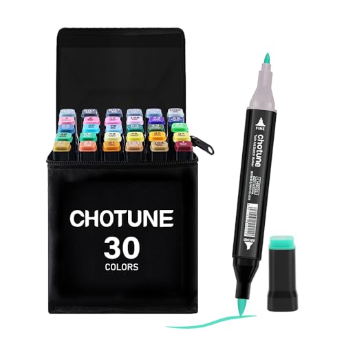 CHOTUNE Markierungsstift,30 Farben Alkoholmarker,neuestes Modell von Markern mit feiner Spitze und Pinselspitze mit Sockel und Tragetasche,geeignet für Comics,Anime-Illustrationen oder Kalligraphie von CHOTUNE