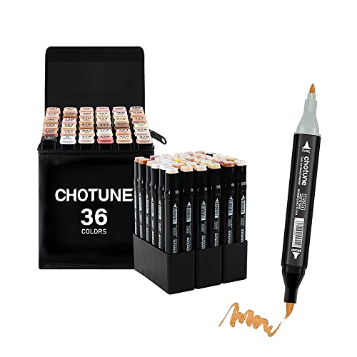 CHOTUNE Professionelles Hautton-Alkoholmarker-Set in 36 Farben.Neueste Permanentmarker, feine Spitzen und Pinselspitzen, mit schwarzer Tragetasche als Aufbewahrungsbasis,geeignet für Comics von CHOTUNE