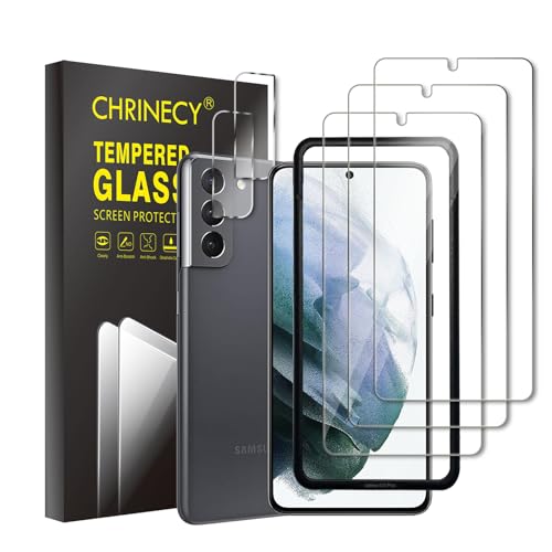 3 Stück Schutzfolie für Samsung Galaxy S21 Schutzfolie + 2 Stück Kamera Displayschutzfolie mit Professioneller Positionierungshilfe, 9H Härte, Anti-Kratz, HD-Klar, Anti-Öl von CHRINECY