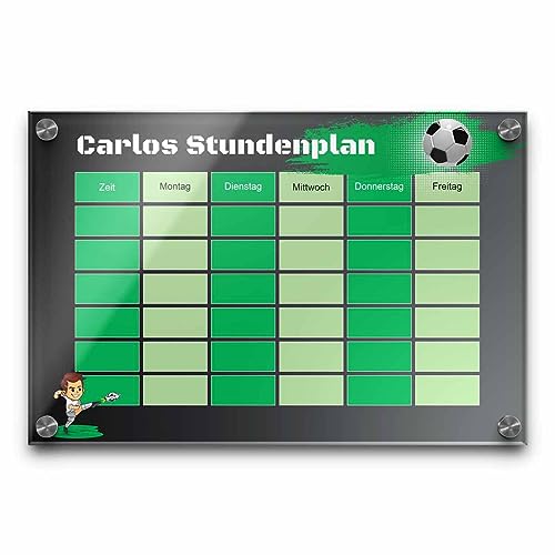 CHRISCK design Abwischbarer Acryl Glas Stundenplan mit Fußball Motiv - Personalisiert mit Namen - Zum Aufhängen an der Wand - Geschenk Schulanfang Jungen - Einschulungsgeschenk Fussballer von CHRISCK design