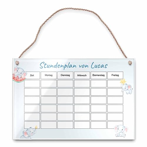 Personalisierter abwischbarer Stundenplan aus Acryl Glas - Elefanten Motiv für einen starken Schulstart - Praktisch zum Aufhängen an der Wand - Geschenkidee zur Einschulung von CHRISCK design