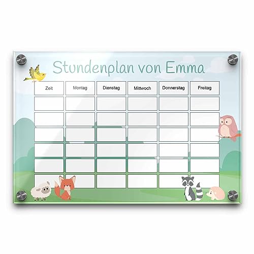 Personalisierter abwischbarer Stundenplan aus Acrylglas - niedliches Wald Tier Motiv - kreatives Geschenk zum Schulbeginn für Mädchen o. Junge - Schulkinder Wochenplaner von CHRISCK design