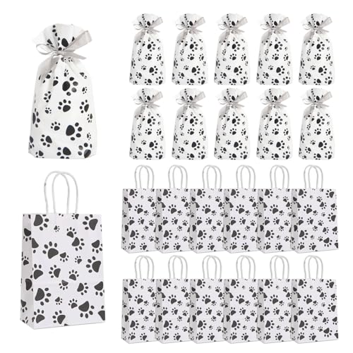 12 Stück Hundepfoten-Papiertüten Und 10 Stück Hundepfoten-Kordelzugbeutel, Süße Geschenktüten, Süßigkeitentüten, Partygeschenktüten von CHROMACRAFT