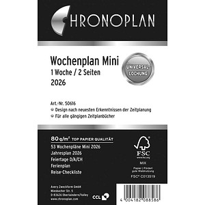 CHRONOPLAN Kalendereinlage 2026 Wochenplan Mini (7,9 x 12,5 cm) von CHRONOPLAN