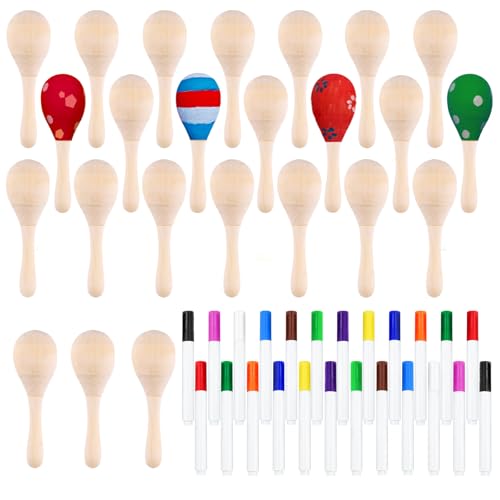 CHRORINE 24/36 Teiliges Holz Maracas für Kinder, DIY Set mit 24 Farbstiften, Maracas Musikinstrumente für Cinco De Mayo, Mexikanische Fiesta, Geburtstagsparty (24) von CHRORINE