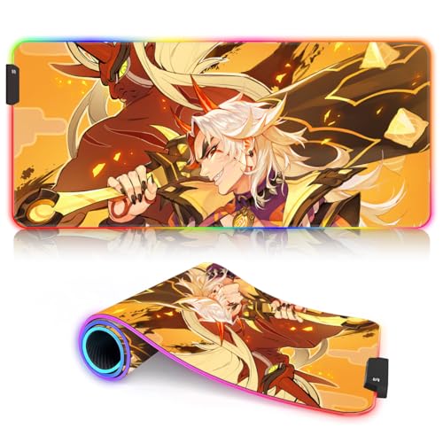 XXL Erweiterte Genshin Impact Arataki Itto RGB-Tastatur und Mausmatte XXL (35,4 x 15,7 x 0,12 Zoll) Erweiterte Mausmatte für Home-Office-Arbeitsspiele 9 statische Farben und 3 dynamische von CHTXD