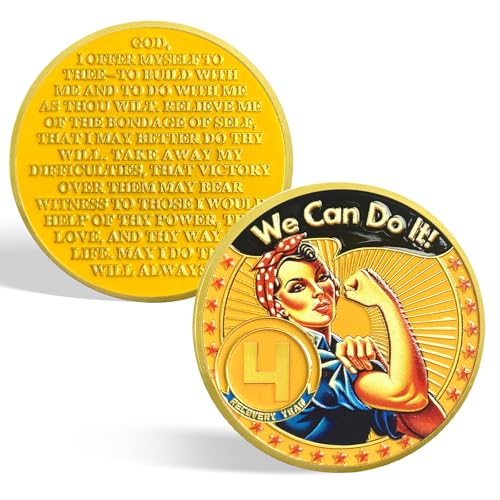 CHURYUML 4 Jahre Rosie The Riveter Nüchternheitsmünze | Empowering Nüchternheit Geschenke für Frauen | Vier Jahre Nüchternheit Chip AA Münzen Recovery Jahrestag Medaillons Alkoholiker Anonyme Sucht von CHURYUML