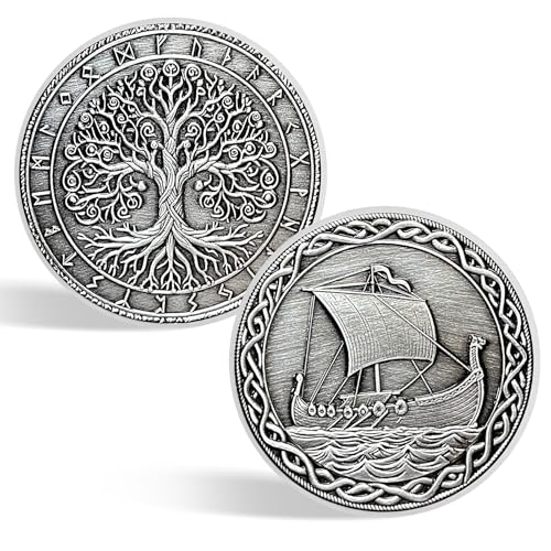 CHURYUML Wikinger Yggdrasil Münze Wikinger Longship Herausforderung Münze Wikinger Baum des Lebens Münzen nordische Mythologie Krieger Symbol Amulett Wikinger Geschenke für Männer Frauen von CHURYUML