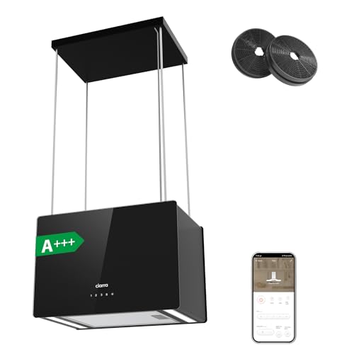 CIARRA CBCB4850 A+++ Inselhaube Umluft Dunstabzugshaube Insel Freihängend 48cm 700m³/h mit Smart Wi-Fi App 4 Stufen Booster Glas Inselabzugshaube CBCF003 Aktivkohlefilter Schwarz von CIARRA