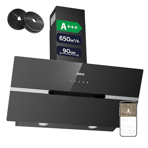 CIARRA CBCB9736F A+++ Dunstabzugshaube 90 cm Umluft Kopffreie Schräghaube 650m³/h automatisch Glasplatte Wi-Fi App Touch-Bedienung Booster Abluft mit CBCF003 Aktivkohlefilter 4 Stufen Schwarz CIARRA CBCB9736F A+++ Dunstabzugshaube 90 cm Umluft Kopffreie Schräghaube 650m³/h automatisch Glasplatte Wi-Fi App Touch-Bedienung Booster Abluft mit CBCF003 Aktivkohlefilter 4 Stufen Schwarz von CIARRA