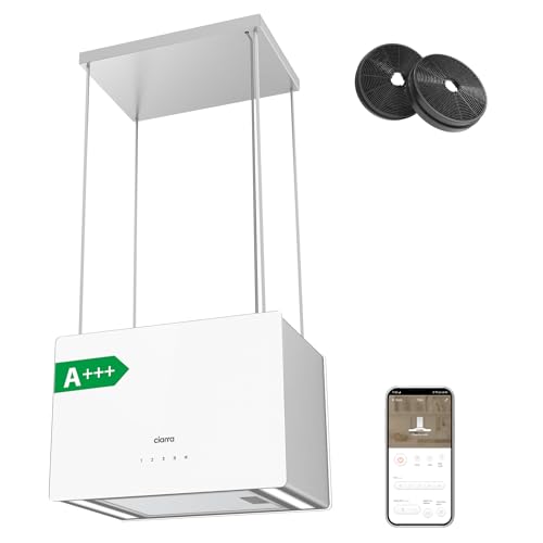 CIARRA CBCS4850 A+++ Inselhaube Umluft Dunstabzugshaube Insel Freihängend 48cm 700m³/h mit Smart Wi-Fi App 4 Stufen Booster Inselabzugshaube CBCF003 Aktivkohlefilter Edelstahl Weiß Glas von CIARRA