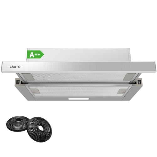 CIARRA CBCS6906D A++ Flachschirmhaube Dunstabzugshaube 60cm Umluft 370m³/h mit CBCF002X2 Aktivkohlefilter Integrierte Einbau Flach Abluft Abzugshaube 2 Stufen LED-Beleuchtung Silber von CIARRA