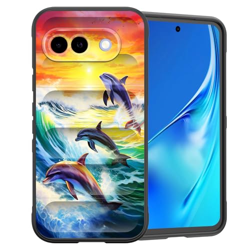 CICPLKSE Schutzhülle für Pixel 9a, Premium-Silikon mit weichem kratzfestem Mikrofaser-Futter, stoßfeste Schutzhülle für Google Pixel 9a 16 cm (6,3 Zoll) 2025, Ozeanwellen, Sonnenuntergang, Delfine von CICPLKSE