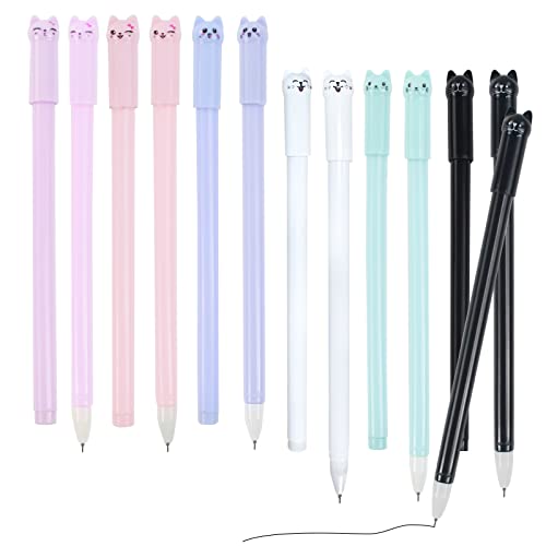 CIOUYAOS 12 STÜCKE Kawaii Stifte Niedlicher Katzenstift, Gel Tinten, schwarze Stifte, 0,5 mm, feine Spitze, Tintenroller für Kinder, Mädchen, Jungen, Frauen, Schule, Bürobedarf (6 Farben Katze) von CIOUYAOS