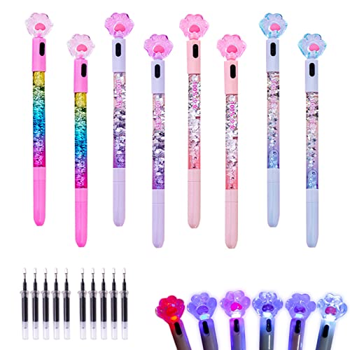 CIOUYAOS 8 Stück Cat Paw Treibsand Stifte, Kawaii glänzender leuchtender Gel-Tintenstift mit 10 Stück Mine, niedlicher japanischer Tintenroller Schreibwaren für Schule, Büro, Kinder, Mädchen, Frauen von CIOUYAOS