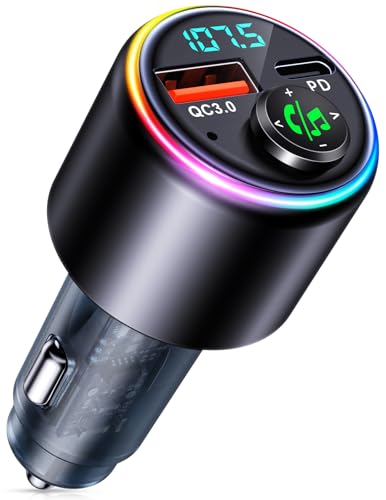 CIRYCASE Bluetooth Adapter Auto, Bluetooth 5.3 FM Transmitter Auto mit Typ C PD 30W & QC3.0 18W USB, Auto Ladegerät Zigarettenanzünder für Musik, 7 Farben LED Lichtdesign, Freisprecheinrichtung von CIRYCASE