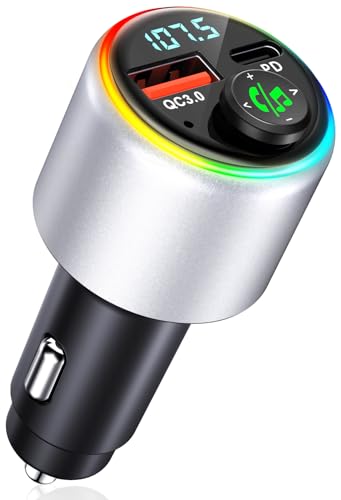 CIRYCASE Bluetooth Adapter Auto mit Bluetooth 5.3, FM Transmitter, Typ C PD 30W & QC3.0 18W USB-Ladefunktion, Auto Ladegerät Zigarettenanzünder, 7-Farbige LED-Beleuchtung, Freisprecheinrichtung von CIRYCASE
