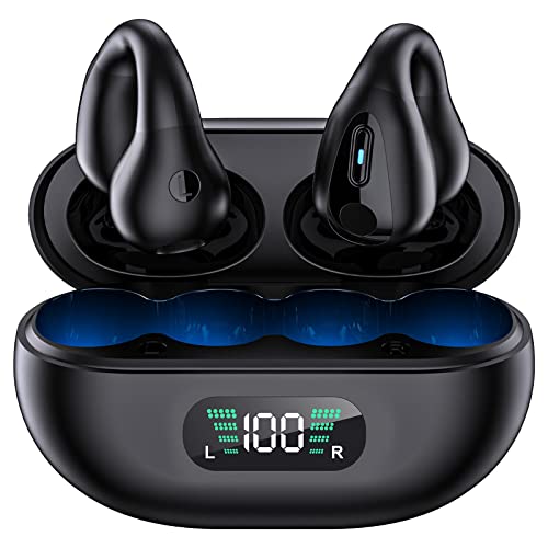 Open Ear Kopfhörer Bluetooth 5.3 Kopfhörer Clip Ohrstöpsel, Kabellose Ohrclip-Kopfhörer Sportkopfhörer wasserdicht Gym Kopfhörer mit Mic Clip On Ohrhörer Noise Cancelling Wireless Earbuds (Schwarz) von CISSIYOG