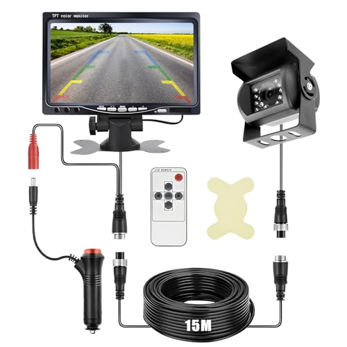 Rückfahrkamera Set mit 7" LCD Monitor, Nachtsicht Auto Backup-Kamera, Kabel Rückfahrkamera mit Stabilem Signal mit 15m Kabel 12 V 24 V, für Wohnmobil Van Trucks Bus Trailer Schwertransport von CISSIYOG