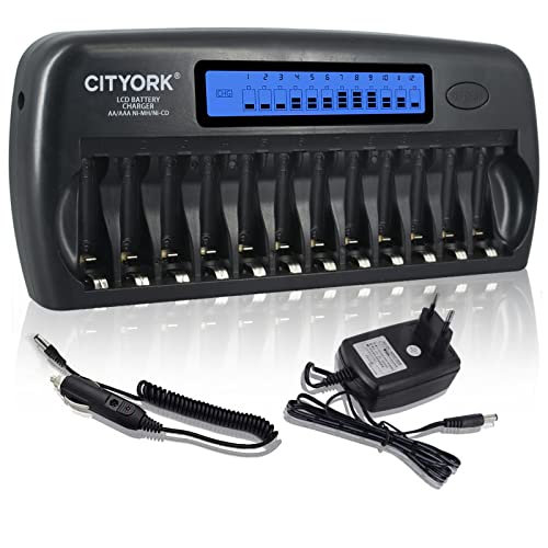 CITYORK 12 Bays/Slots Smart-Ladegerät für AA/AAA-NI-MH- / NI-CD-Akkus mit intelligentem LCD-Display und Entladung sowie integriertem IC-Schutz und Netzteil von CITYORK