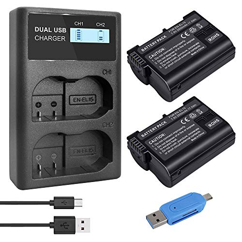 CITYORK 2er Pack EN-EL15 EN-EL15A 2500mAh Ersatzakku und Smart LED Dual Charger Kit für Nikon D750, D7200, D7500, D850, D7100, D610, D500, MH-25a, D7000, Z6, D810 Digitalkamera von CITYORK