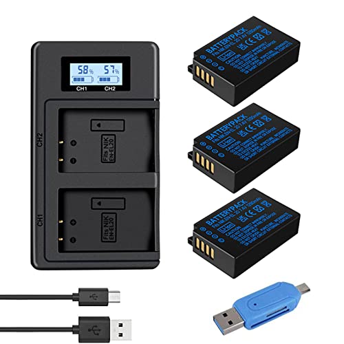 CITYORK 3er-Pack EN-EL20 Akku 7,4V 1280mAh und LCD Ladegerät für Nikon Coolpix P950, Coolpix P1000, Coolpix A, Nikon 1 AW1, Nikon 1 J1, Nikon 1 J2, Nikon 1 J3, Nikon 1 S1, Nikon 1 V3 von CITYORK