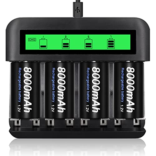 CITYORK 4 Stück D-Zellen 8000mAh wiederaufladbare Akkus mit 8 Steckplätzen NI-MH NI-CD Ladegerät für AA AAA CD Akku (Ladegerät und 4 Stück D Akku) von CITYORK