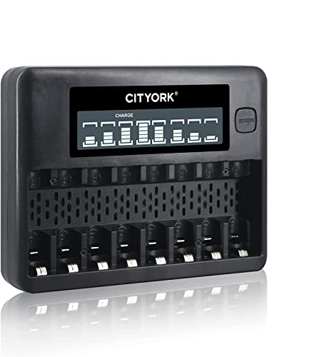 CITYORK 8-Schacht-AA-AAA-Batterieladegerät mit LCD-Display, USB-Schnellladung und unabhängigem Steckplatz für wiederaufladbare NI-MH-NI-CD-Batterien von CITYORK