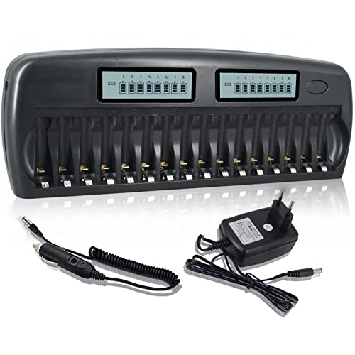 CITYORK Akku Ladegerät AA AAA für AA AAA NI-MH, NI-CD wiederaufladbar Batterien, 16 Slots LCD Batterie ladegerät mit integriertem IC-Schutz und Netzteil (Aufgerüstetes Ladegerät) von CITYORK