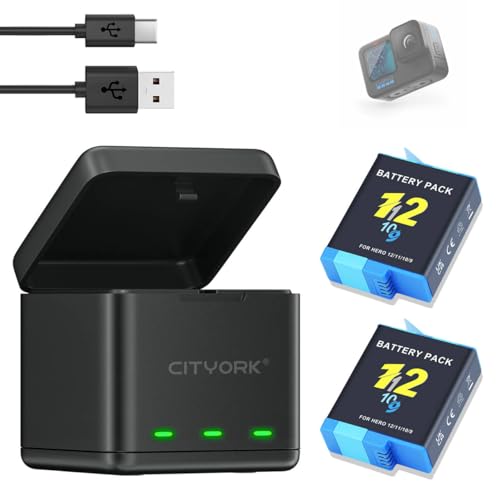 CITYORK Akku-Ladegerät-Kit(2er-Pack), Für GoPro Hero 12 Hero 11/10/9 Black, Mit USB Cable und Typ-C Dreifach Kanal Steckplätze Akku-Speicherbox mit LED-Anzeige(1 Ladegerät + 2 Akkus) von CITYORK