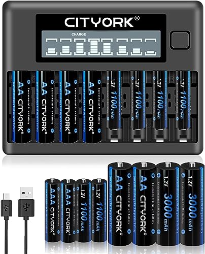 CITYORK Akku Ladegerät mit 8 x 3000 mAh AA Akku & 8 x 1100 mAh AAA Akku, für AA, AAA NI-MH/NI-CD wiederaufladbar Batterien, 8 Slot LCD Anzeige Akku Ladegerät Set von CITYORK