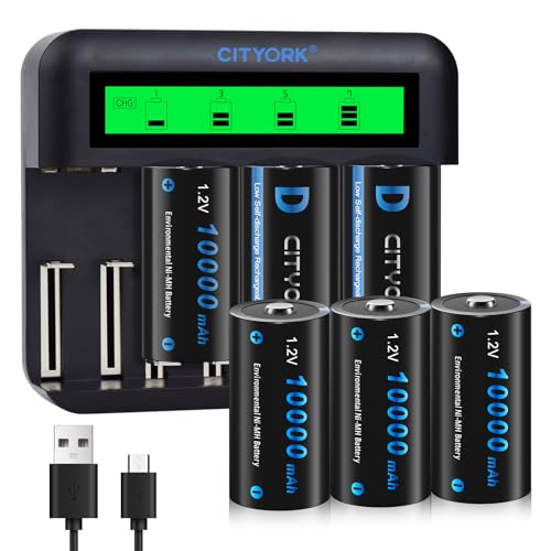 CITYORK D Cell 10000mAh wiederaufladbare Batterien mit 8 Slots Ladegerät für AA AAA CD NI-MH Akku (Ladegerät und 6 Stück D Akku) von CITYORK