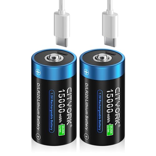 CITYORK USB wiederaufladbare D-Batterie 1,5 V 15000 mWh (2 Stück) – Konstante Spannung – ideal for Toys, Torches, CD Players and Other Battery-Powered Devices von CITYORK
